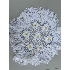 Vintage 17"  diameter White Doily Sunflower Yellow Hand Crocheted